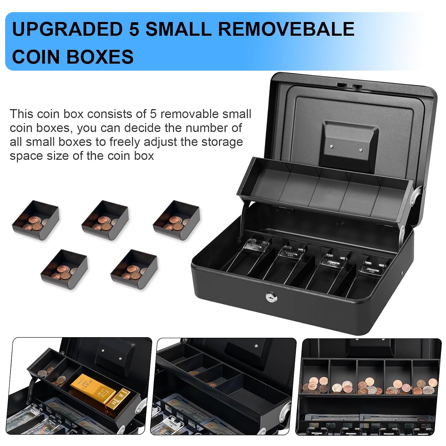 Cash Box Metal Money Box With 4 Bill 5 Coin Cash Tray Coin Compartment And Key Lock, 11.8l X 9.5w X 3.5h Inches, Colour - Black