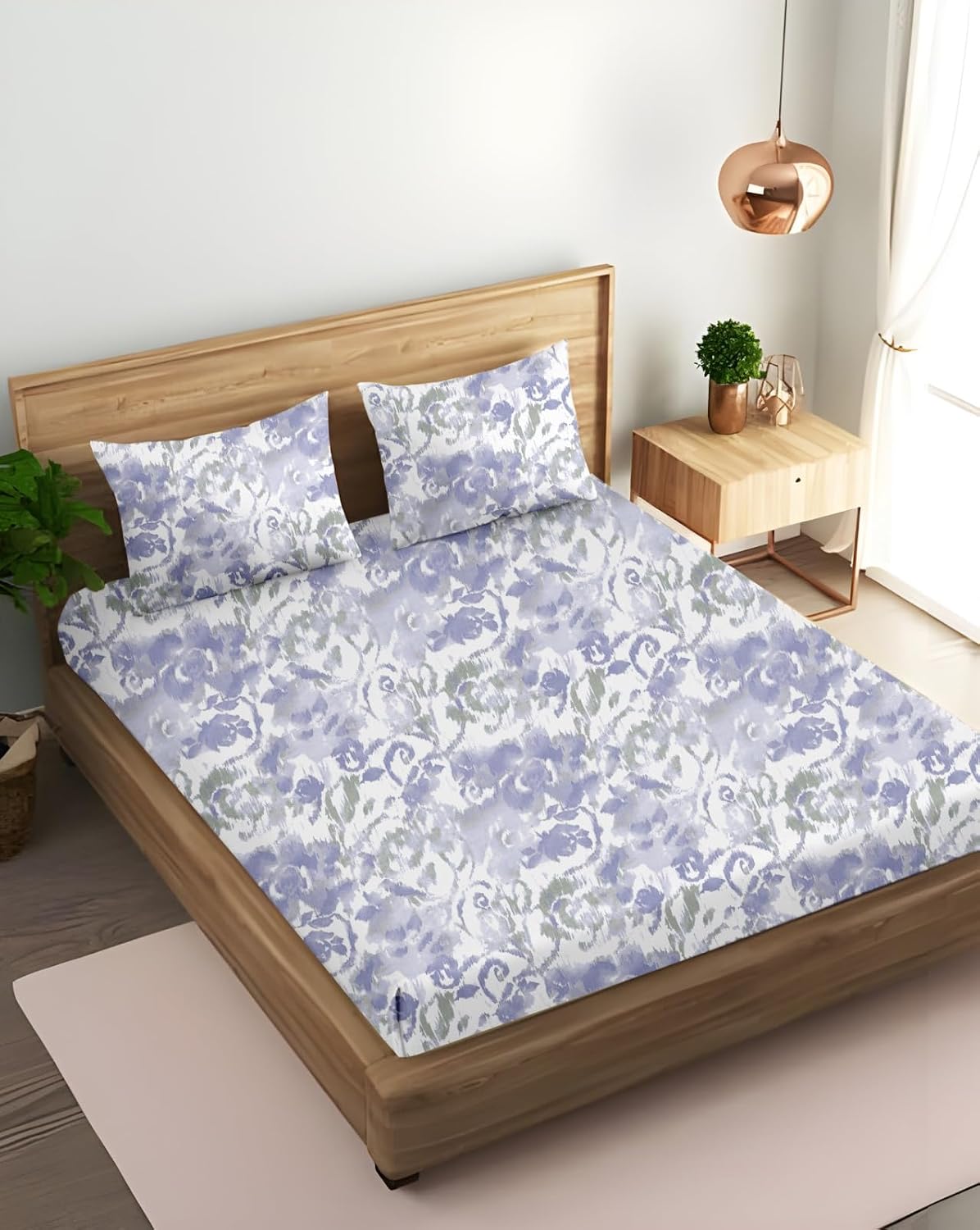 King Size Fitted Bedsheet With 2 Large Pillow Covers - 108 X 108 Inches, Purple & White | Soft, Breathable & Durable | Wrinkle Resistant