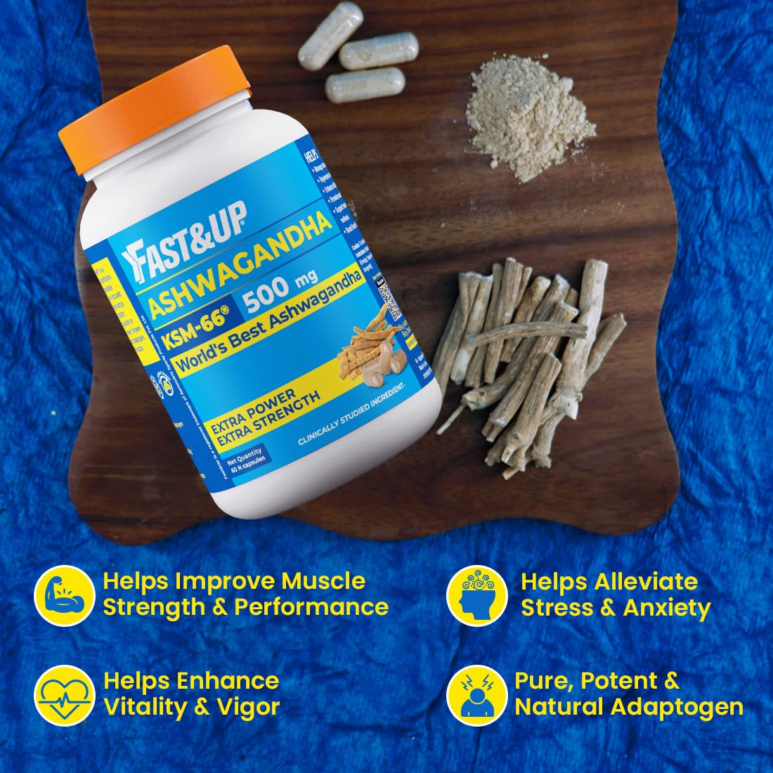 Fast & Up 500mg Ksm-66 Ashwagandha, World's Best Ashwagandha For Extra Strength & Power, Stress Relief, Natural Vitality Booster, Pure & Potent | 60 Capsules 100gm 0.2lbs