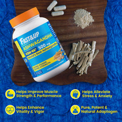 Fast & Up 500mg Ksm-66 Ashwagandha, World's Best Ashwagandha For Extra Strength & Power, Stress Relief, Natural Vitality Booster, Pure & Potent | 60 Capsules 100gm 0.2lbs