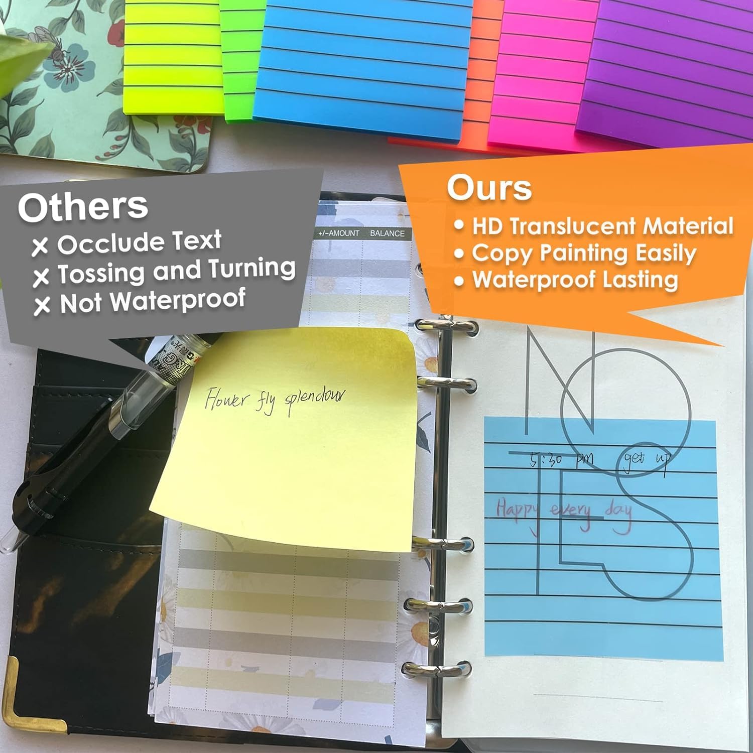 50 Sheets Transparent Sticky Notes With Lines | Self Sticky Notes Waterproof Pet Markers | (Blue)