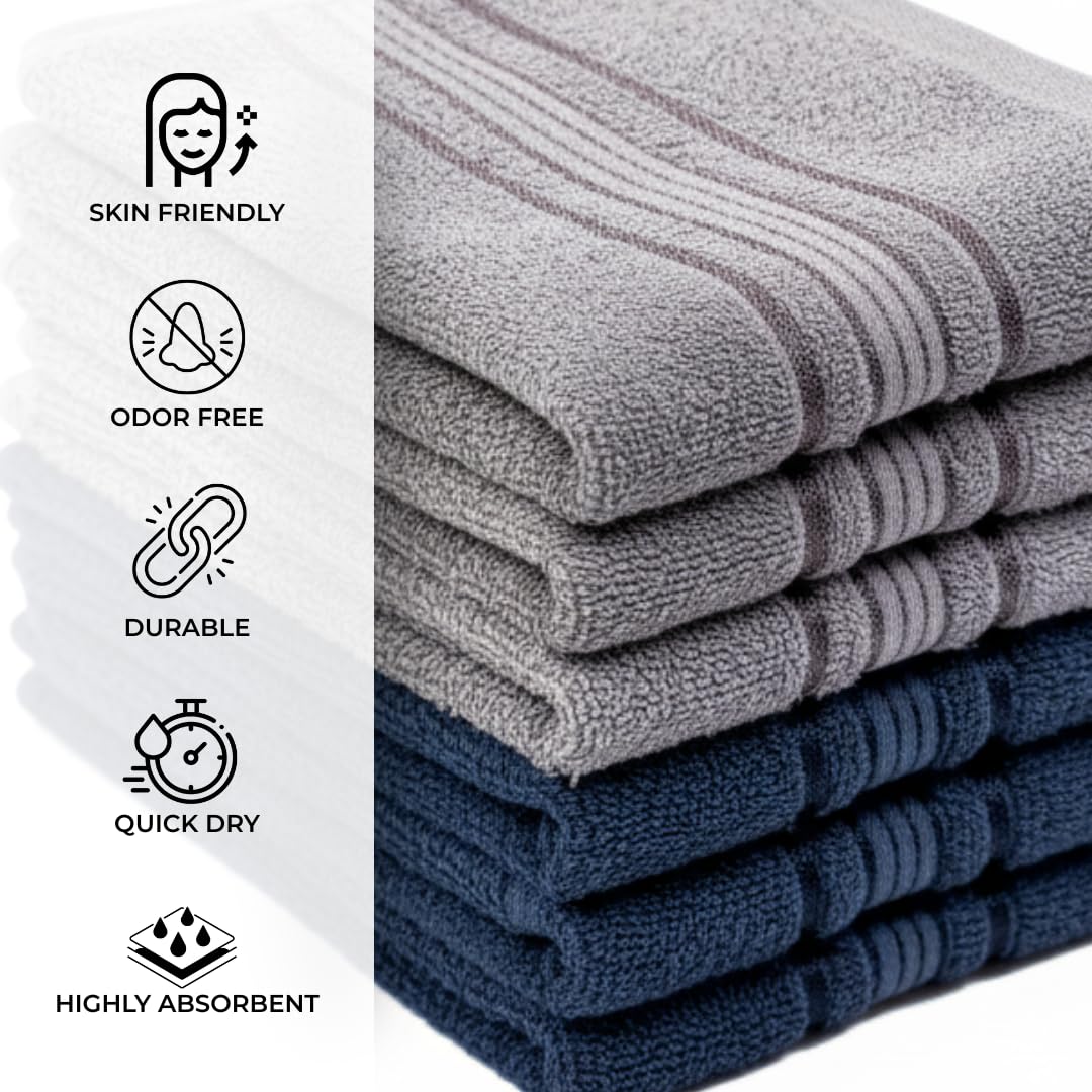Akiko Home 100% Cotton Essential Series Hand Towels 1200 Gsm | Soft, Absorbent & Durable, Cotton Hand Towel For Bathroom Use, Gentle On Skin- Pack Of 6 (Grey & Navy)