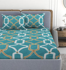 Double Bedsheet With 2 Pillow Covers Size 72 X 72 X 10 Inches, Sea Green | Cotton Feel All Around Elastic Fitted - Queen Size Bedsheets, Super Soft
