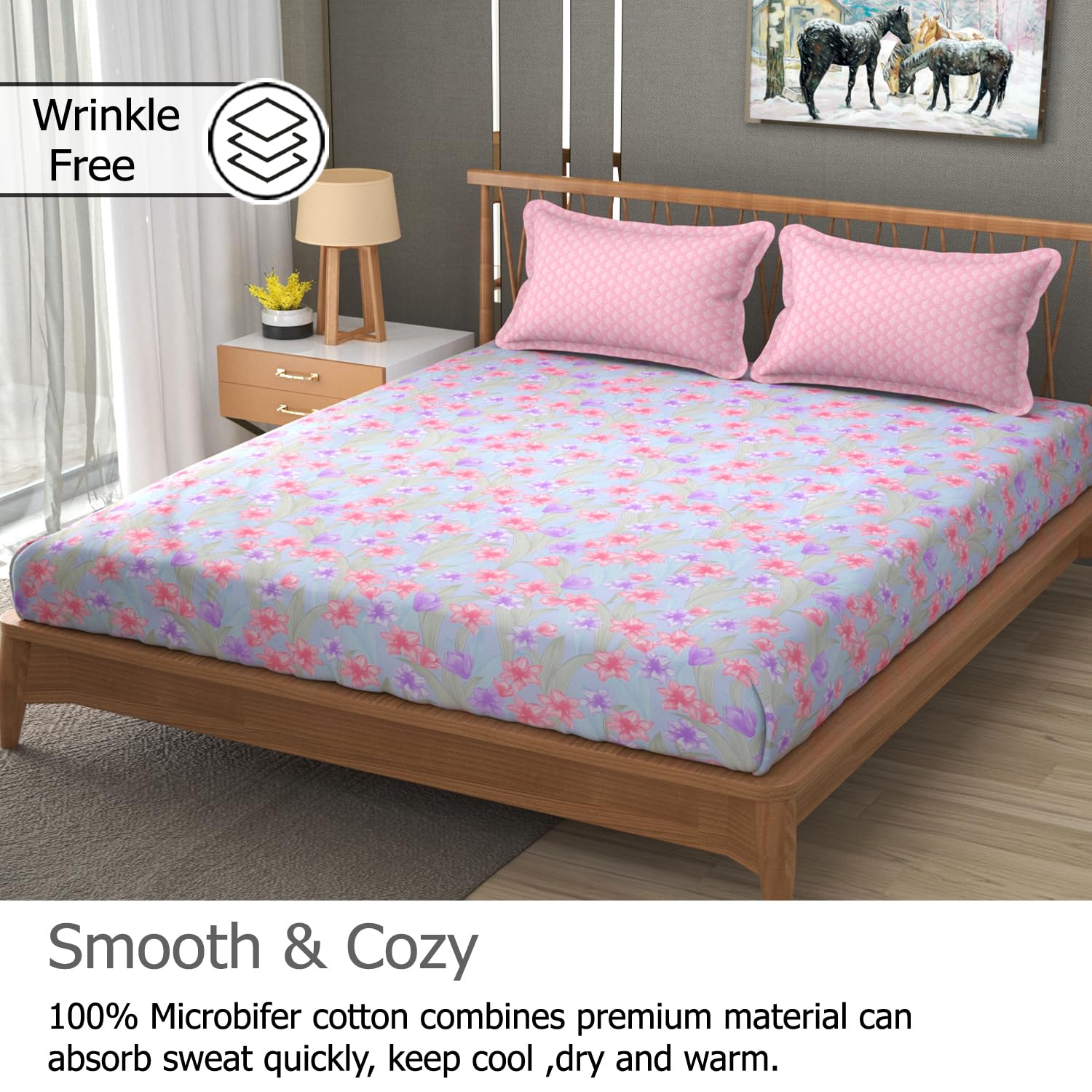 Printed King Size Bedsheet With 2 Pillow Cover - 108 X 108 Inches, Multicolor | Double Bed Breathable & Wrinkle Free | All-Season Comfort Bedsheet