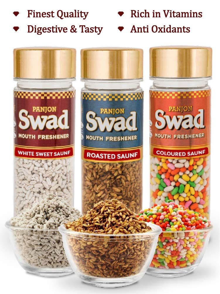 Panjon Swad White Sweet Saunf, Roasted Saunf & Coloured Saunf Fennel Mukhwas 360gm, (120gm *3 Bottles)