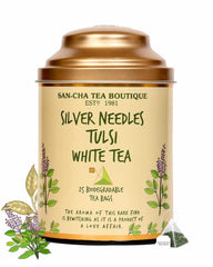 San-Cha Silver Needles Tulsi White Tea - 25gm, 0.8 Ounce, 25 Biodegradable Tea Bags | Supports Improved Immunity - Low Caffeine, Richest In Antioxidants