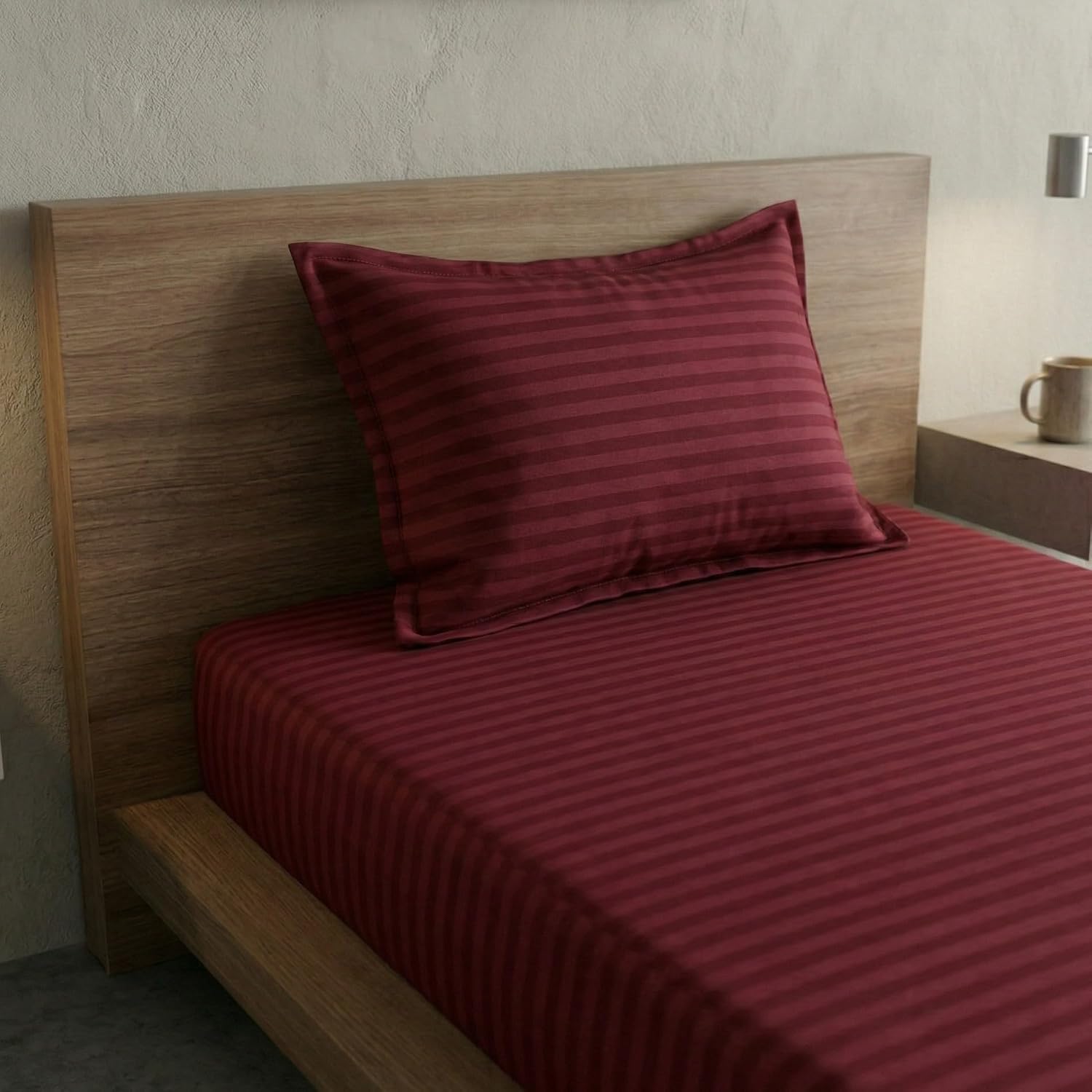 Cotton Maroon Striped Single Bedsheet With 1 Pillow Cover - 55 X 90 Inches | Long-Lasting Color Comfortable Fabric Bedsheet