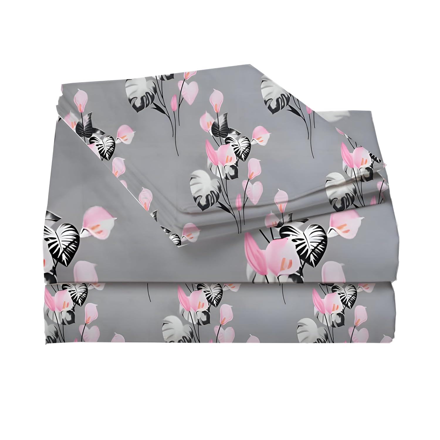 Printed King Size Bedsheet With 2 Matching Pillow Covers - 90 X 90 Inches, Grey & Pink | Durable & Long-Lasting | Naturally Soft, Breathable, & Skin-Friendly