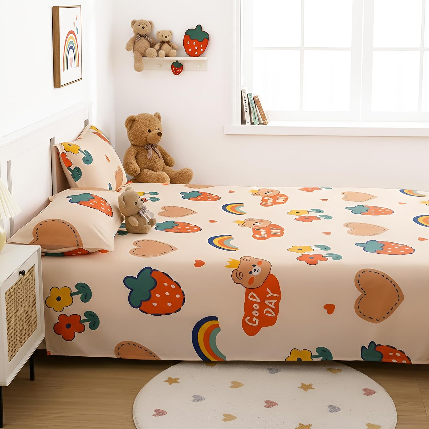 Kids Double Bed Bedsheet Set With 2 Pillow Covers - 88 X 100 Inches, Cream & Orange | Soft Bedding For Boys & Girls | Teddy Bear Design