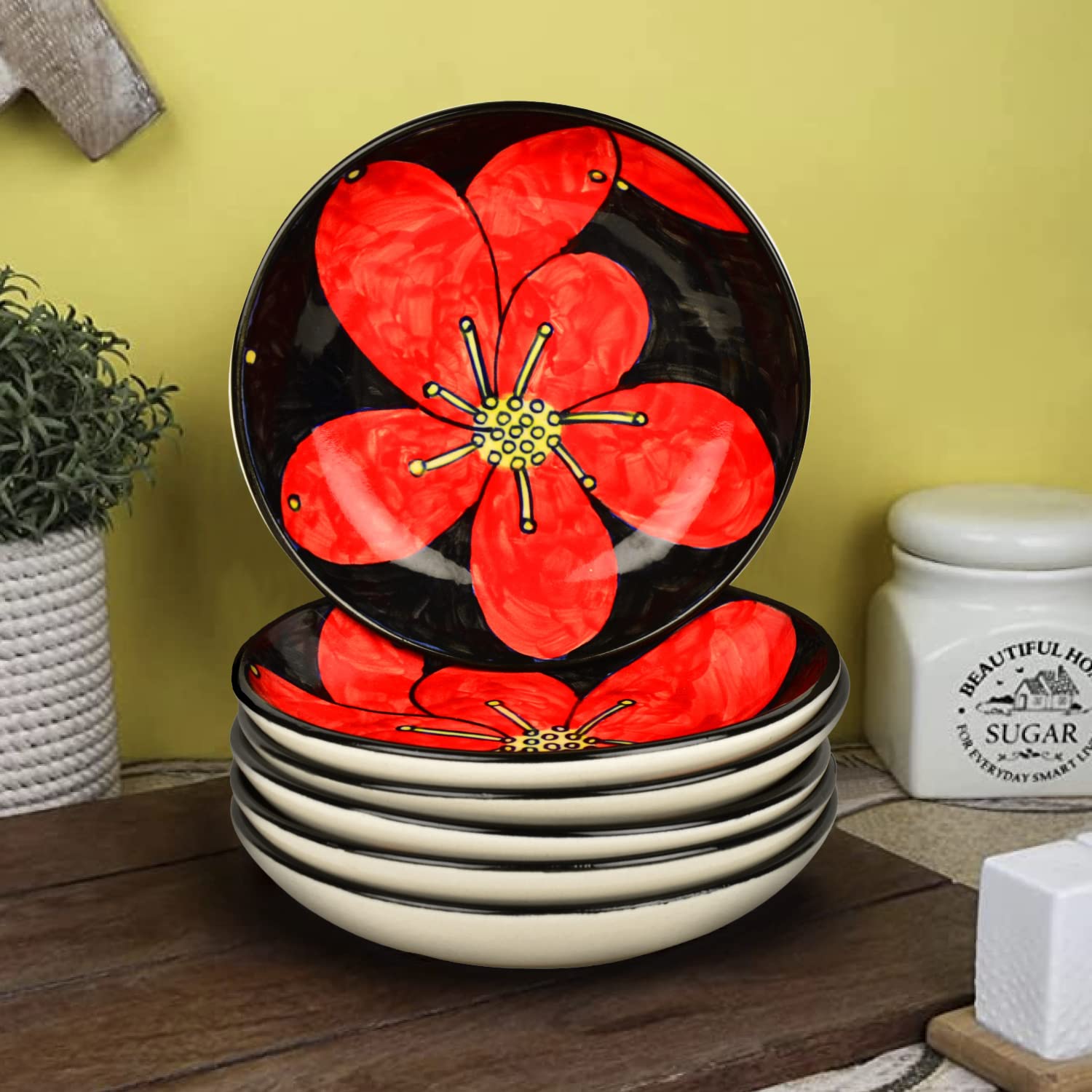 Hand Painted Ceramic Floral Round Pasta Serving Plates Set Of 6 - 8.5 Inches, Red & Black | Soup Plates - Ceramic Maggi Plates