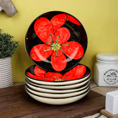 Hand Painted Ceramic Floral Round Pasta Serving Plates Set Of 6 - 8.5 Inches, Red & Black | Soup Plates - Ceramic Maggi Plates