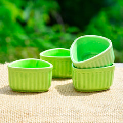 Handcrafted Ceramic Triangular Ribbed Dip Bowls Set Of 4 - Green, 50ml Each | Chutney Bowls - Ketchup Bowls