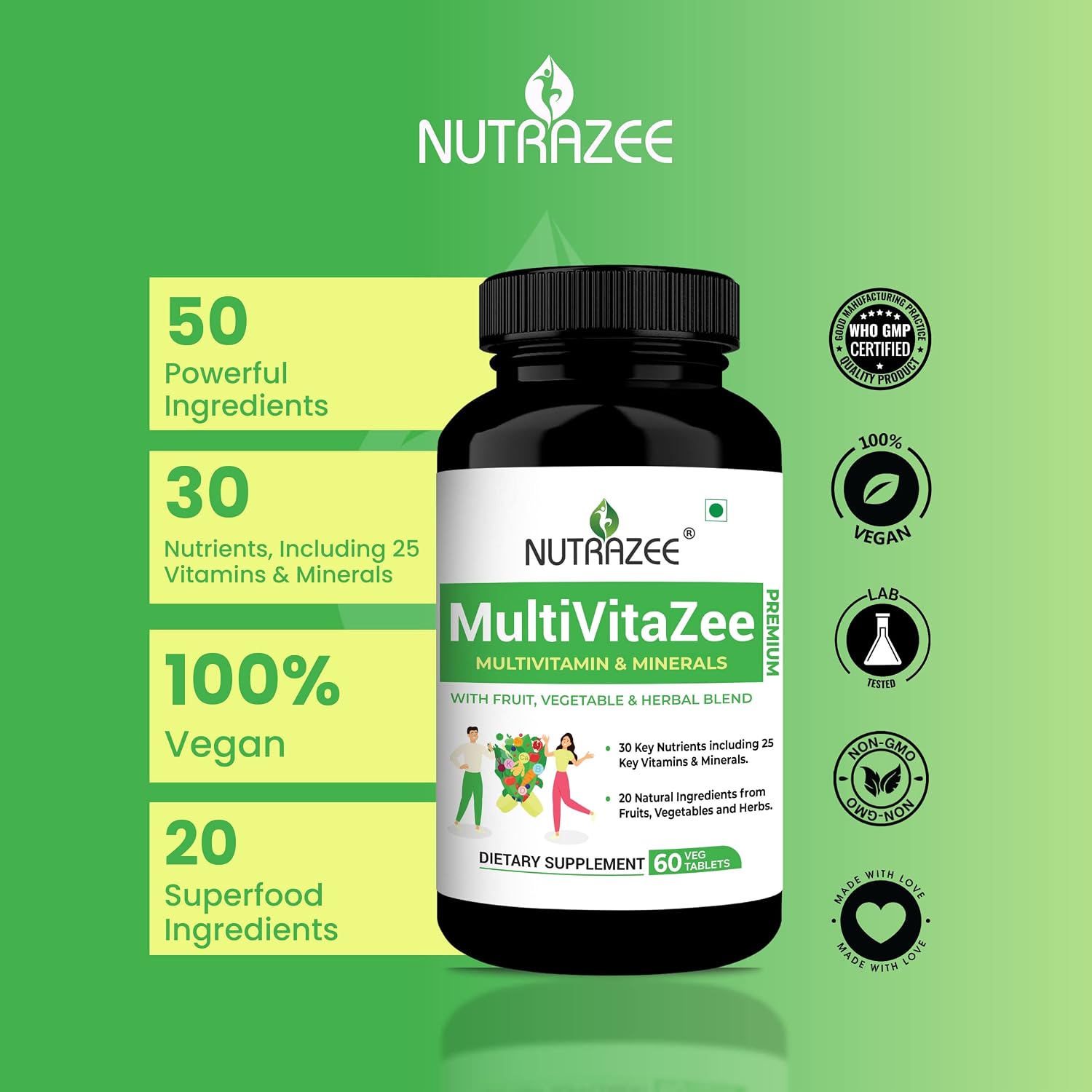 Nutrazee Multivitazee Multivitamin & Minerals Supplement For Men & Women With Superfood Natural Fruit, Vegetable & Herbal Greens | 60 Vegan Tablets , 100gm 0.2lbs