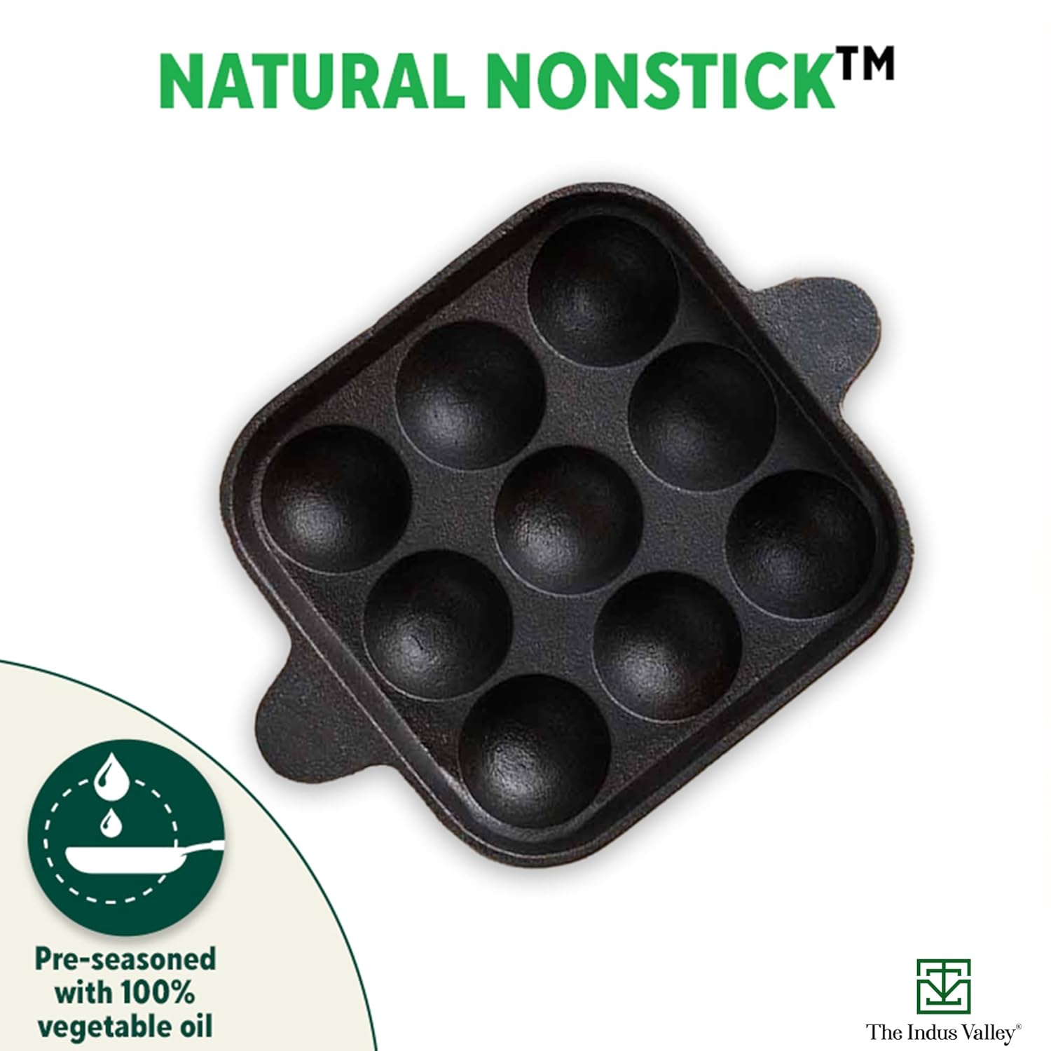 Pre-Seasoned Black Cast Iron Square Paniyaram Pan - 9 Pits, 24cm, 9.4 Inch, 1.3 Kg | Induction Friendly - Naturally Nonstick Appe Or Paddu Pan, 100% Pure & Toxin-Free, No Chemical Coating