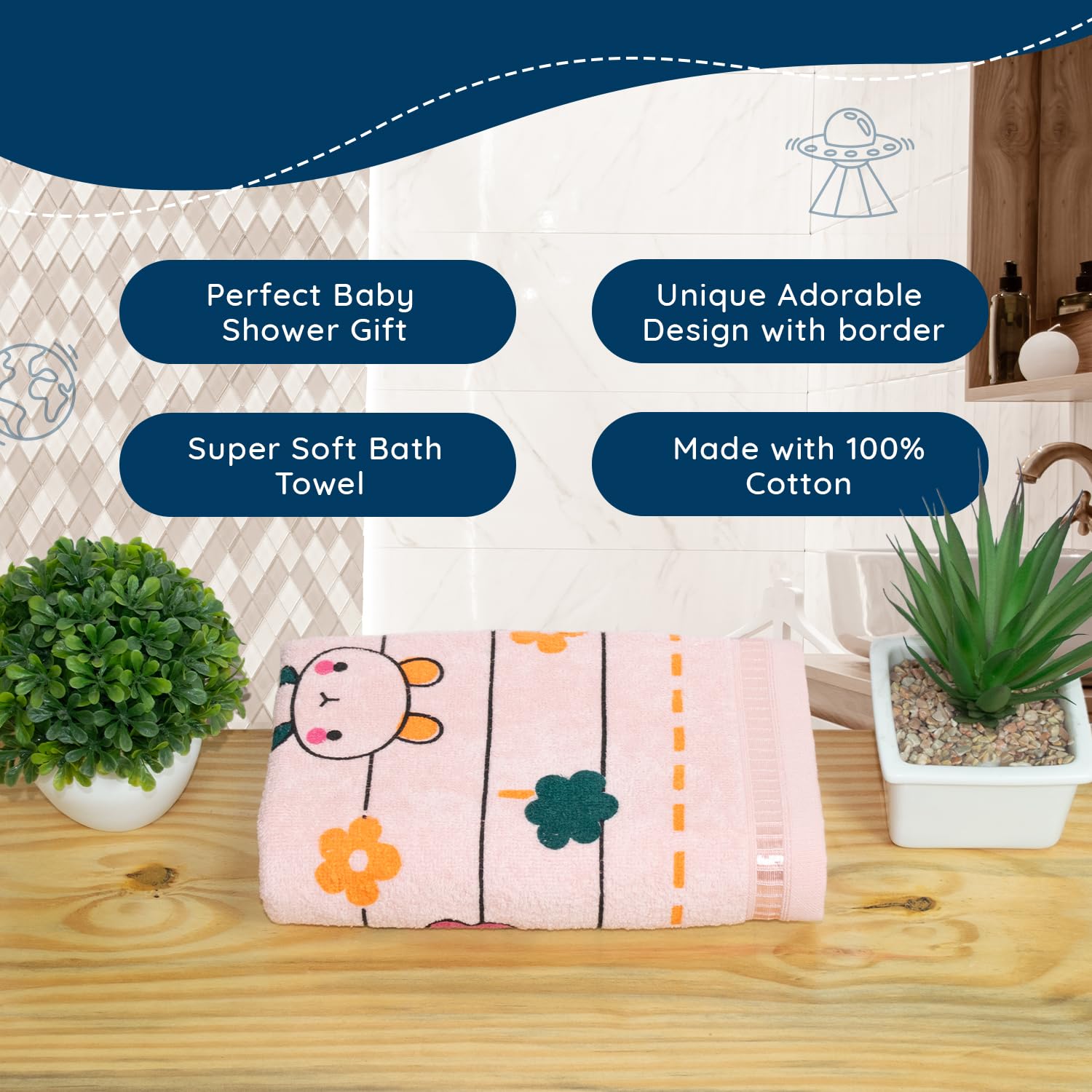 Rangoli 100% Cotton Baby Bath Towel 300 Gsm | Super Soft & Highly Absorbent, Anti-Bacterial, Multipurpose Towels (Light Peach) - Pack Of 1