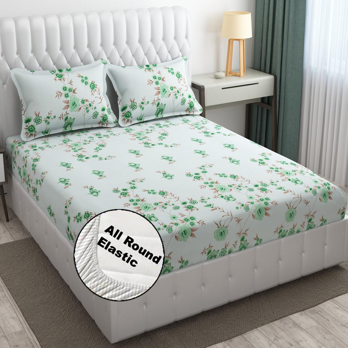 1 Elastic Fitted Bedsheet For King Size & 2 Pillow Covers - 78 X 72 Inches, Sea Green & Brown | Elegant Floral Print Design & Skin-Friendly