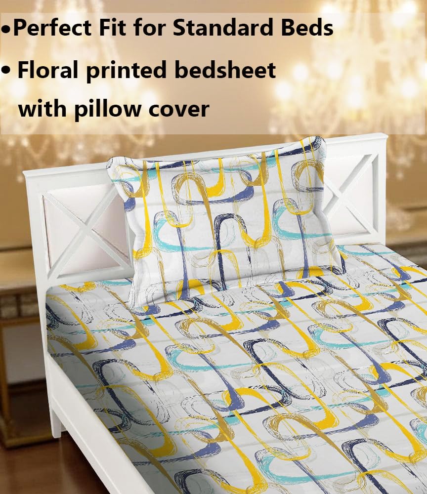 Printed Bedsheet For Single Bed With 1 Pillow Cover - 60 X 90 Inches, Grey & Yellow | Super Soft - Glace Cotton Breathable & Wrinkle Free - 2 Pcs Set