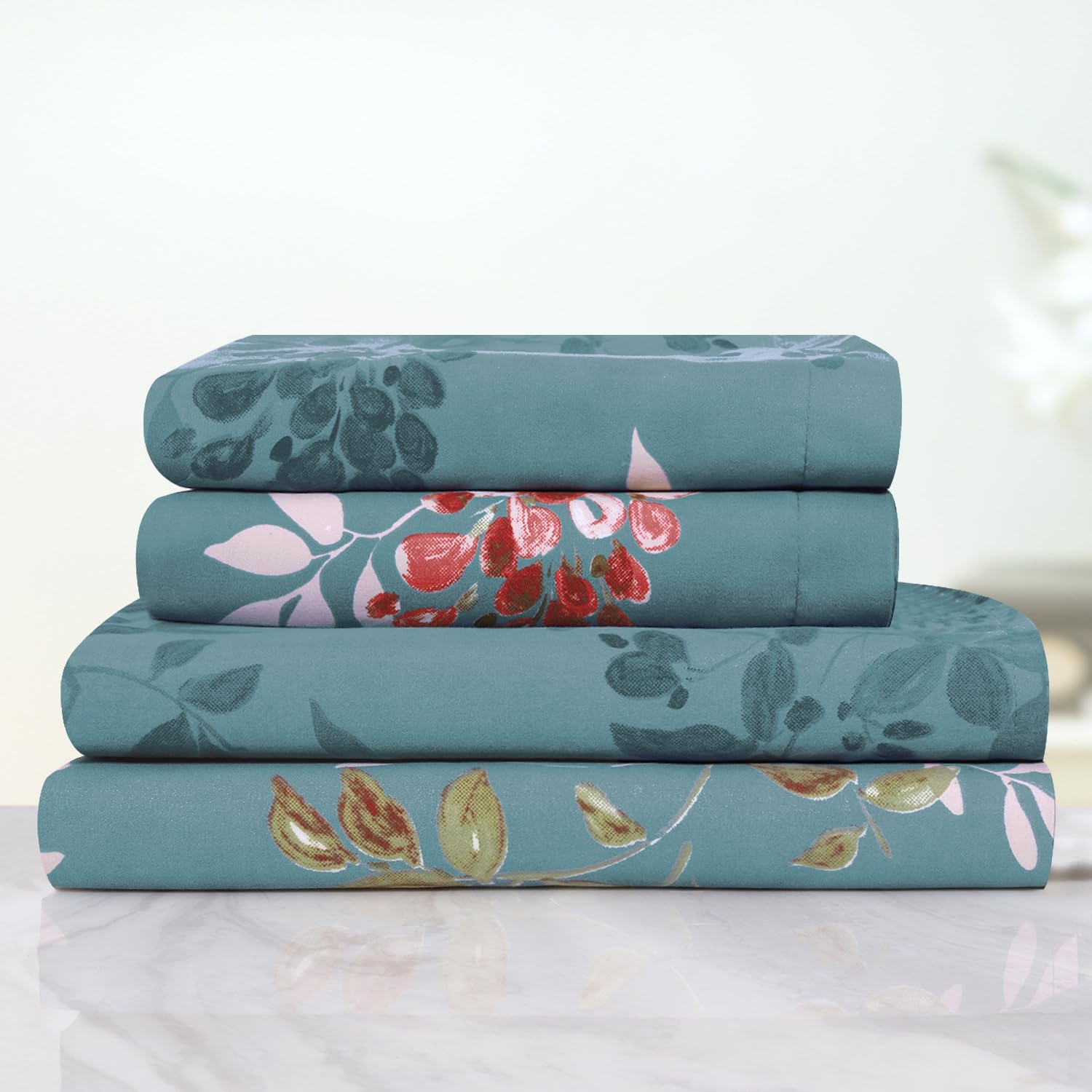 Queen Size Bedsheet With 2 Pillow Covers - 78 X 60 + 8 Inches, Sea Green | Soft Wrinkle Free & Breathable Elastic Bedsheets - Durable & Long Lasting Bedsheet
