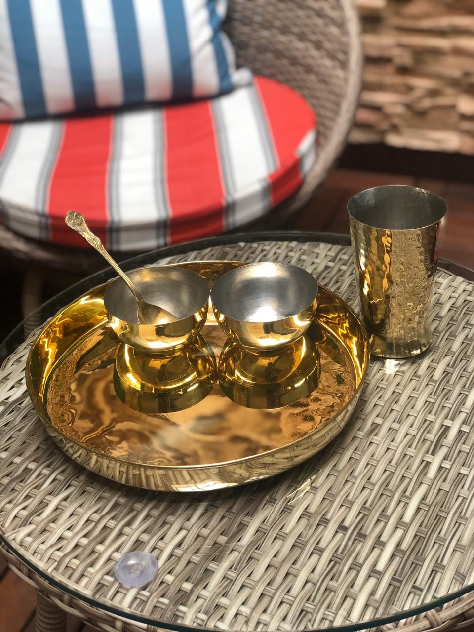 Golden Brass Dinner Thali Set, 5 Pieces - 1 Brass Thaali (11"), 2 Brass Katoris Or Bowls 1 Brass Glass, 1 Brass Spoon | Antique Look Beautiful Thaali Set