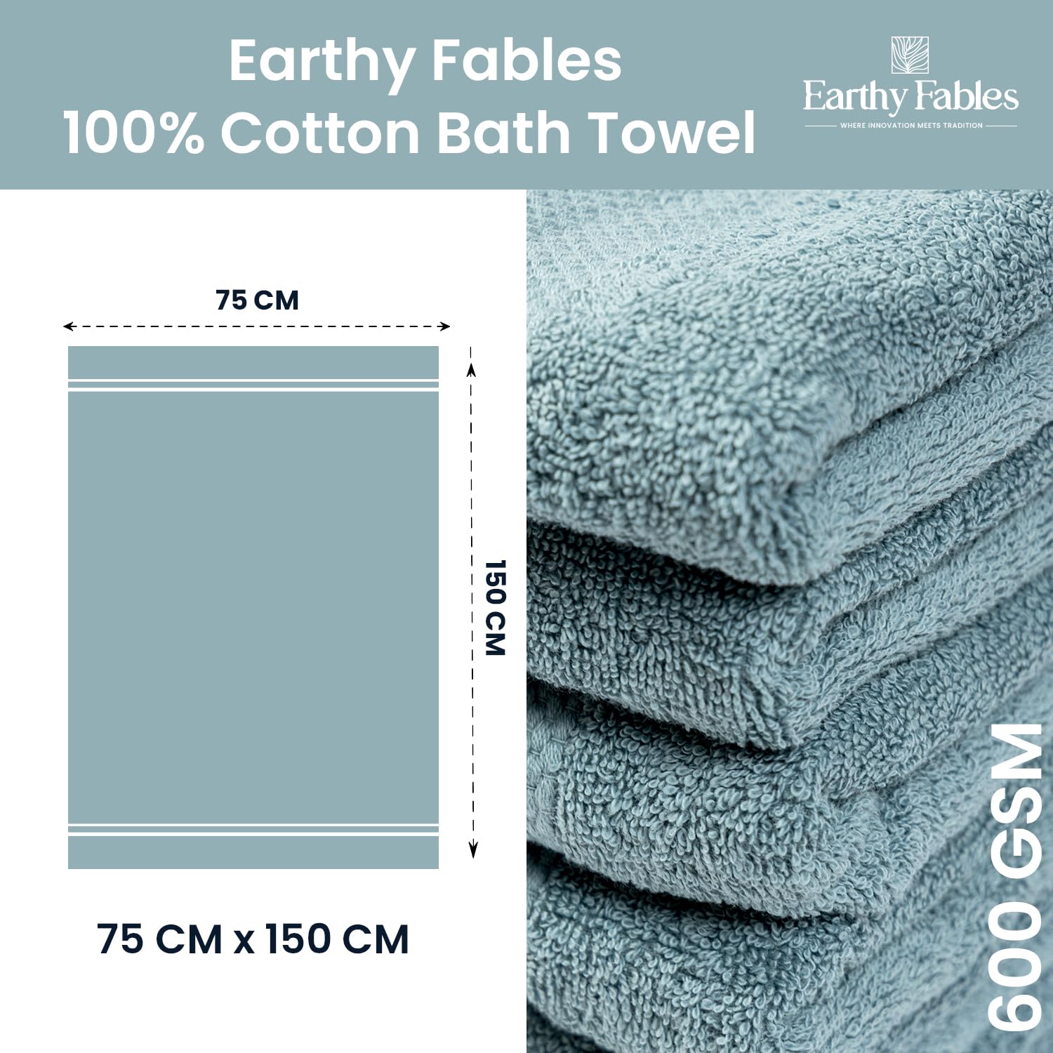 Earthy Fables Premium Bath Towel 600 Gsm | 100% Combed Cotton, Ultra Soft, Quick Dry & Highly Absorbent For Home, Travel & Acne-Prone Skin (Aqua)