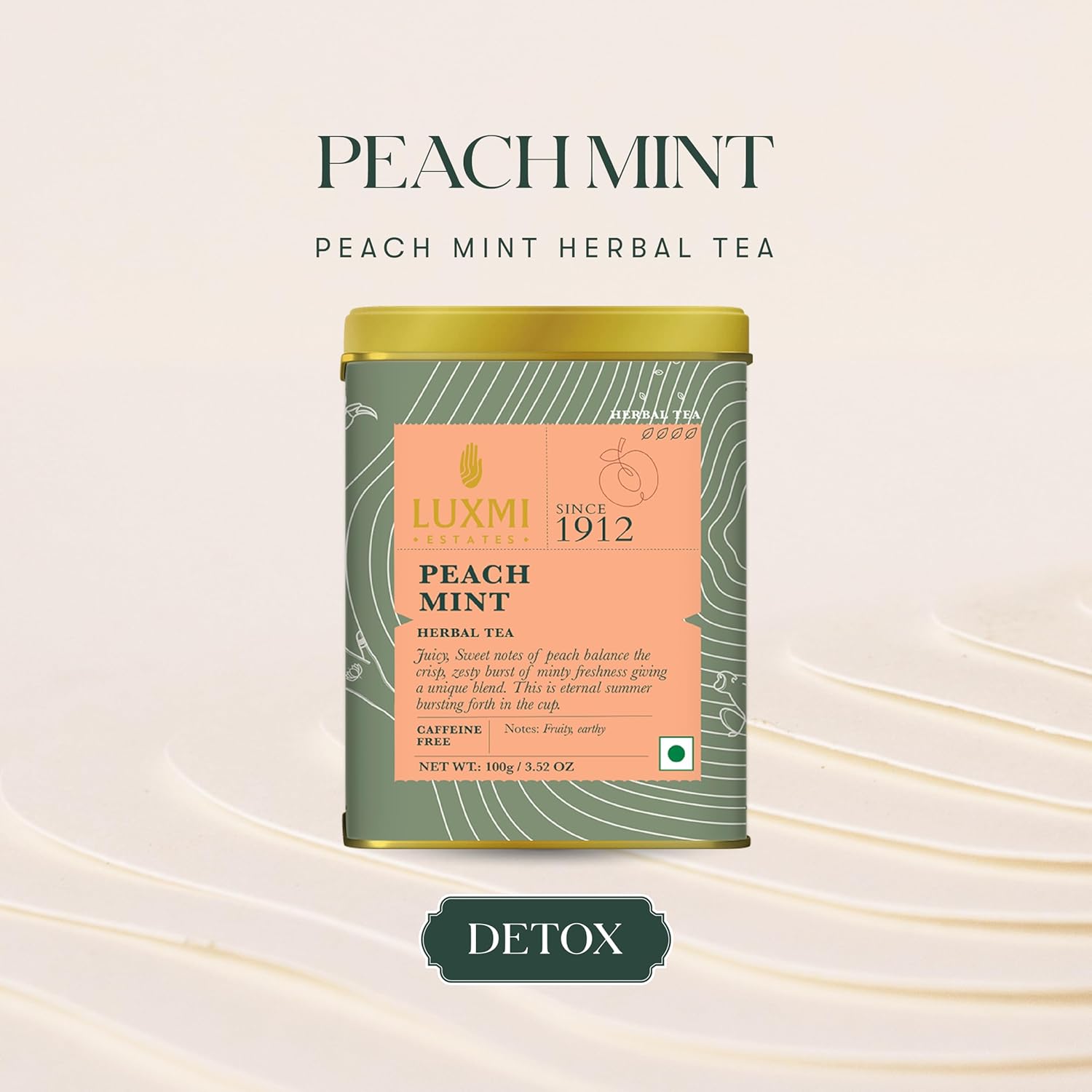 Luxmi Estates Peach Mint Herbal Tea - 100gm Tin Caddy, 3.5 Ounce, 50 Cups | USDA Certified Organic Tea - Caffeine Free Herbal Tea | Rich In Antioxidants, Additives Free