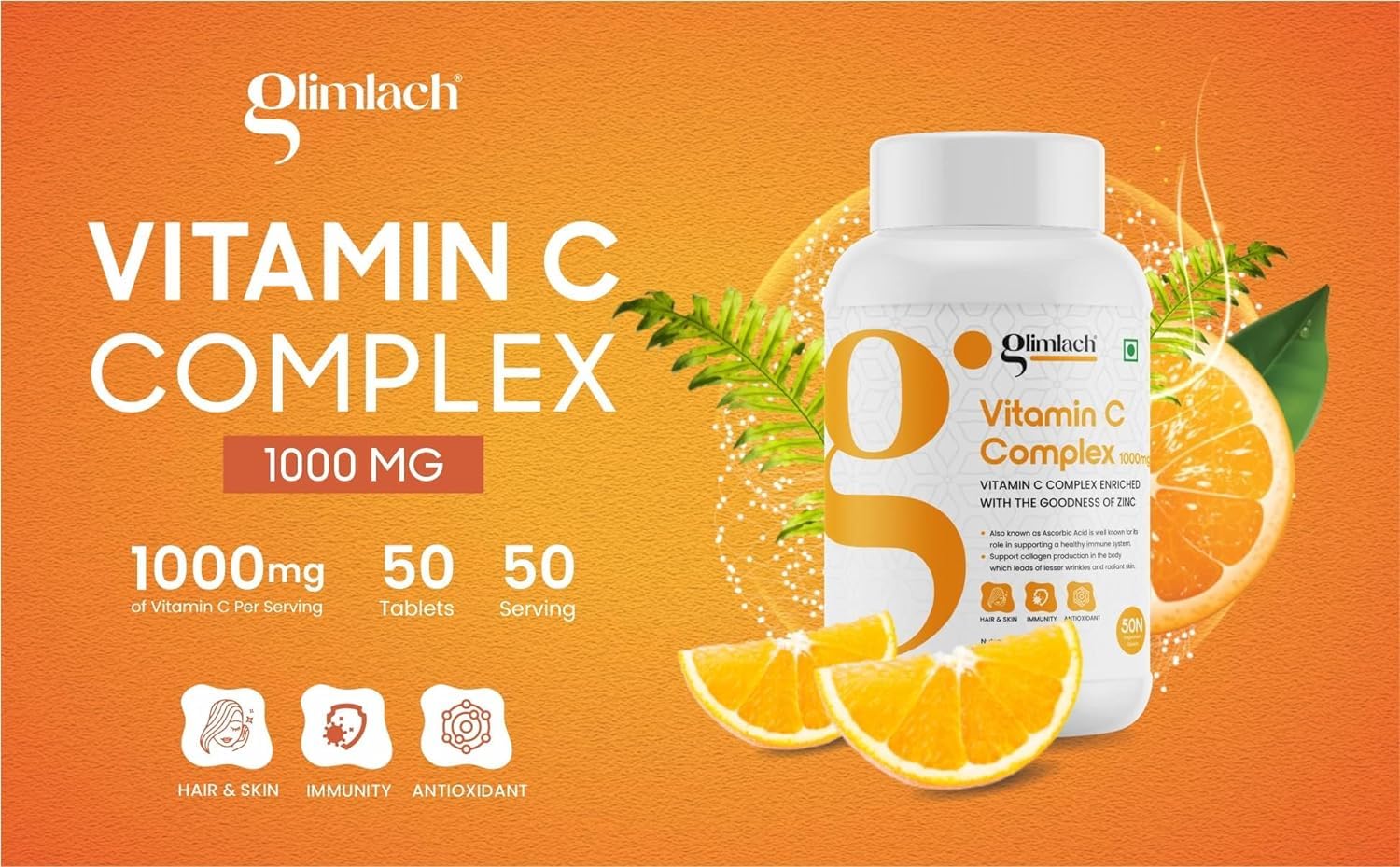 Glimlach Vitamin C Complex Tablet With Amla & Zinc For Men And Women - Supports Energy, Immunity, Antioxidant | 50 Veg Tablets , 100gm 0.2lbs