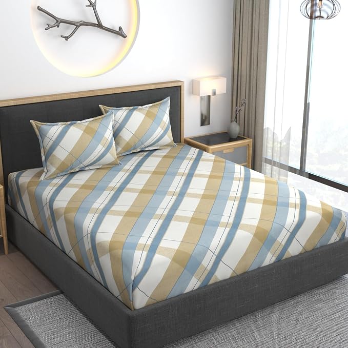 Feel Glace Cotton Bedsheets All Around Elastic Fitted Floral Bedsheets With 2 Pillow Covers - 78 X 72 Inches, Blue Line | Super Soft Fitted Bedsheet For Double Bed