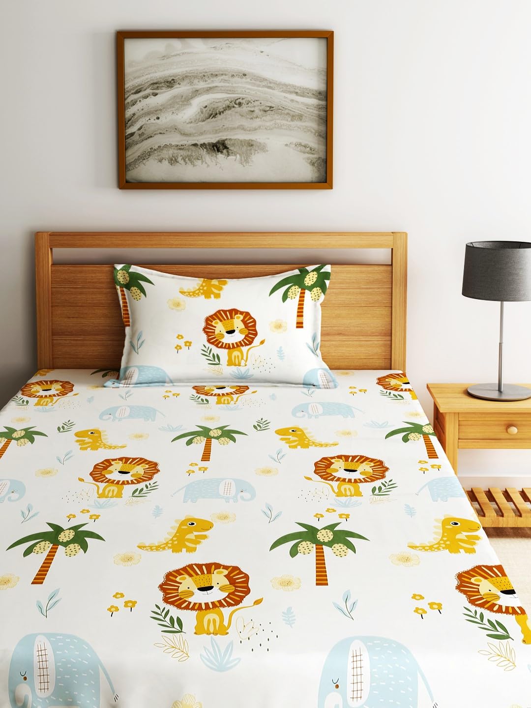 Kids Lion Single Bedsheet With 1 Pillow Cover - 55 X 86 Inches, Orange | Durable, Long Lasting Fabric | Soft To Touch And Comfortable