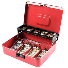Money Box With Combination Lock, Metal Cash Box With Money Tray, Cash Register,5 Compartments Cantilever Tray & 4 Spring Loaded Clips For Bills,11.81"X 9.45"X 3.54" Colour - Red