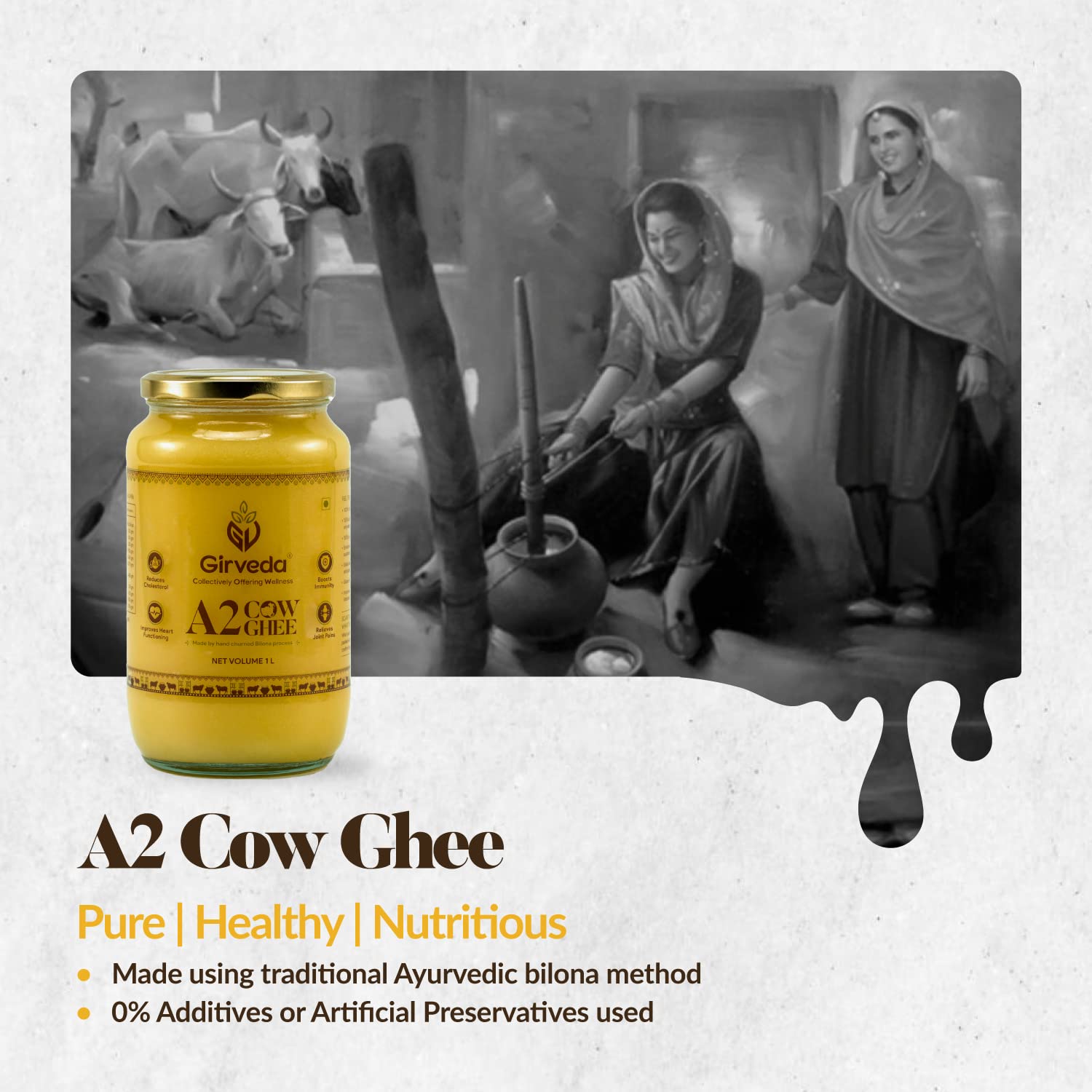 Natural A2 Cow Ghee By Girveda | Natural & Healthy Gir Cow Cultured Desi Ghee Perfect For Glowing Skin | (1 Litre) 33.8 Ounce | Jar Pack