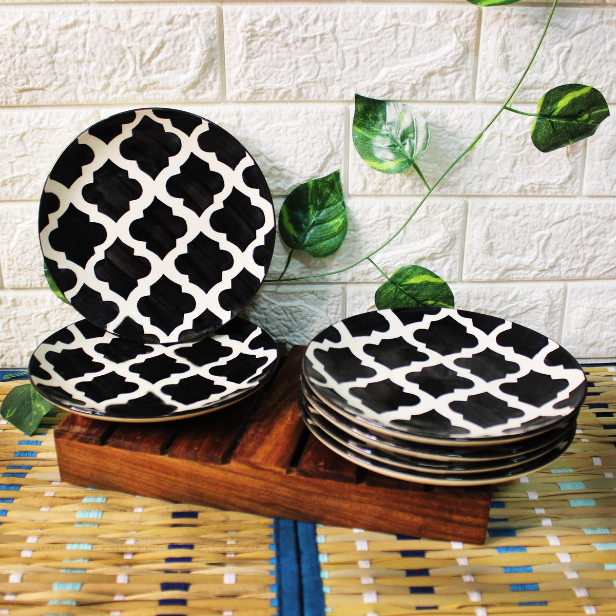 Black Moroccan Hand Painted Ceramic Quarter Plates Set Of 6 | Small Side Plates For Dinner & Snacks - 7 Inch, 6 Pieces, Microwave Safe
