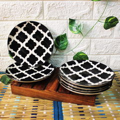 Black Moroccan Hand Painted Ceramic Quarter Plates Set Of 6 | Small Side Plates For Dinner & Snacks - 7 Inch, 6 Pieces, Microwave Safe