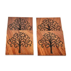 Premium Hand Engraved Sheesham Wooden Coasters Set Of 4 - Brown, L X B X H - 10 Cm X 10 Cm X 1 Cm | Table Coasters