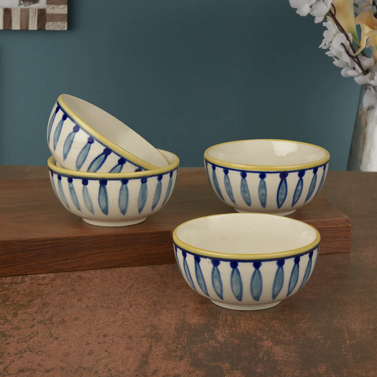Hand Painted Ceramic Dinner Serving Bowls Set Of 4 - White & Blue, 200ml Each | Salad Bowls - Vegetable & Dessert Serving Bowls | Kitchen Bowl Set