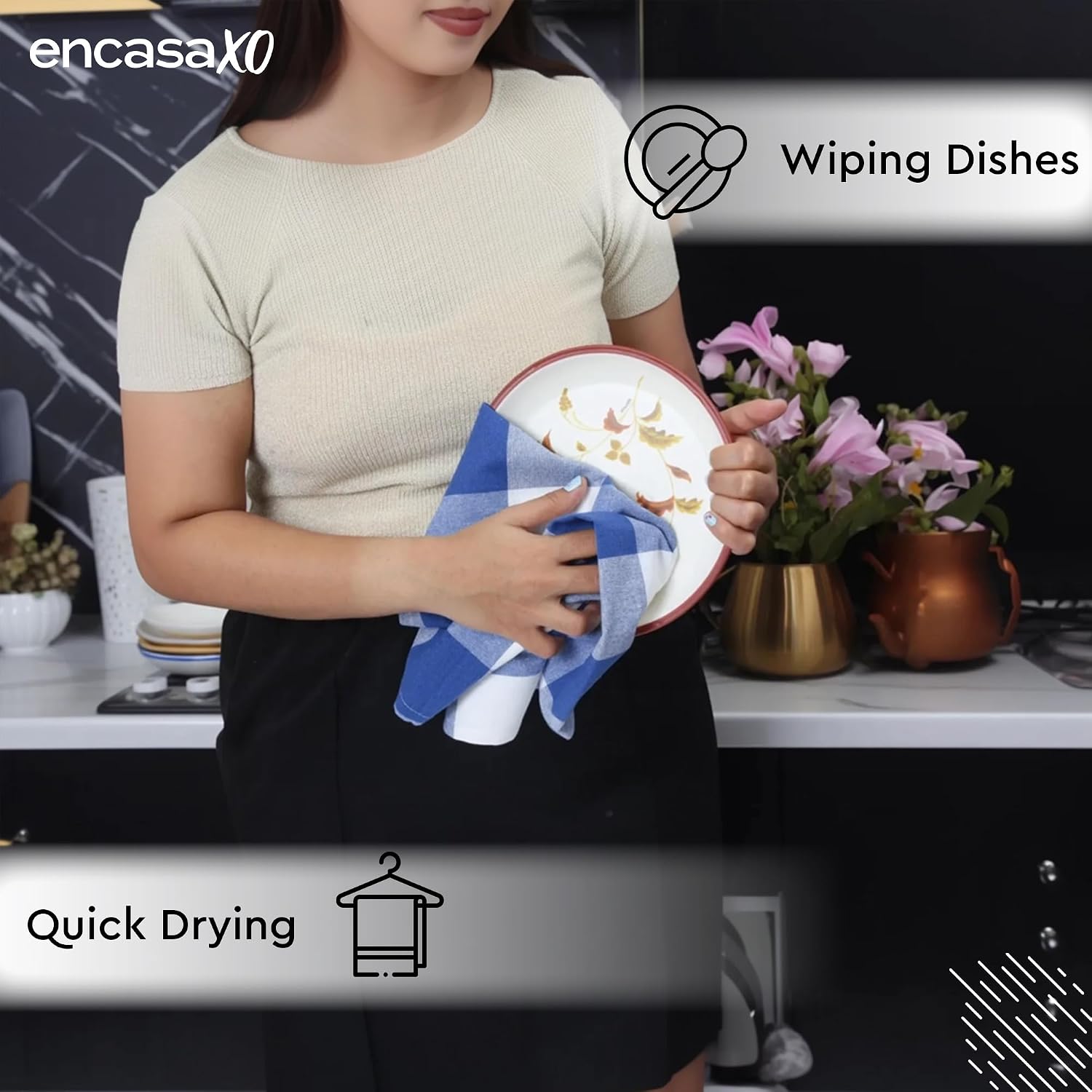 Encasa Xo Kitchen Cooking Cloth 340 Gsm | Cotton Hand Towel For Drying Dishes Highly Absorbent Cleaning & Quick Drying Of Plates | Buffalo Blue Checks (Set Of 4)