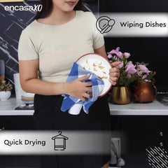 Encasa Xo Kitchen Cooking Cloth 340 Gsm | Cotton Hand Towel For Drying Dishes Highly Absorbent Cleaning & Quick Drying Of Plates | Buffalo Blue Checks (Set Of 4)