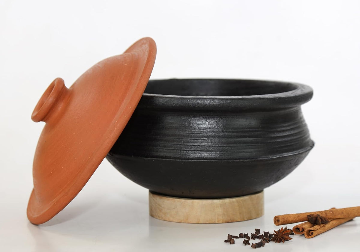 Deep Burned Uncoated Clay Biryani Pot With Lid Or Mitti Handi With 2 Wooden Spatulas Complimentary For Cooking & Serving - Black, 1 Liter | Pre-Seasoned Mud Pot - Unglazed, Double Fired, Hand Crafted