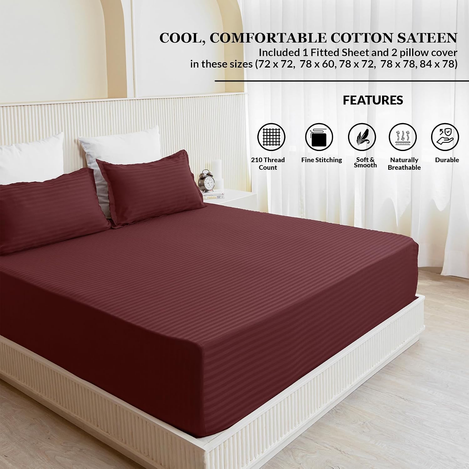 210 TC Cotton Double Bed Fitted Bedsheets With 2 Pillow Cases - 78 X 72 Inches, Maroon | Satin Stripes Wrinkle Free | Comfortable Fabric Bedsheet