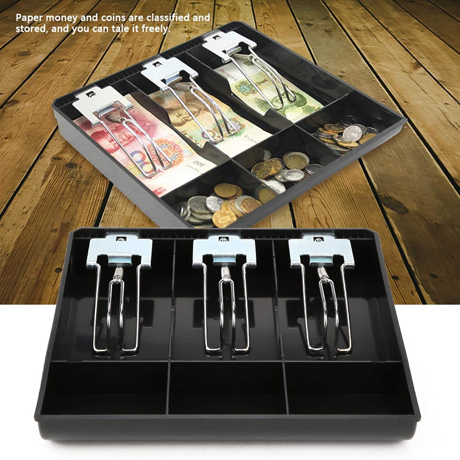 Cash Drawer Register Insert Tray 3 Bills 3 Coins Money Storage Box | 9.6 X 9.6 X 1.4 Inch, Colour - Black, Lock Type - Manual Lock