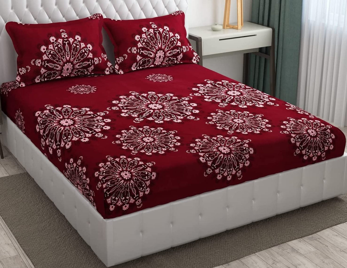 Double Bedsheet Queen Size Elastic Fitted With 2 Pillow Cover - 60 X 78 + 8 Inches, Maroon | Resistance & Wrinkle Recovery