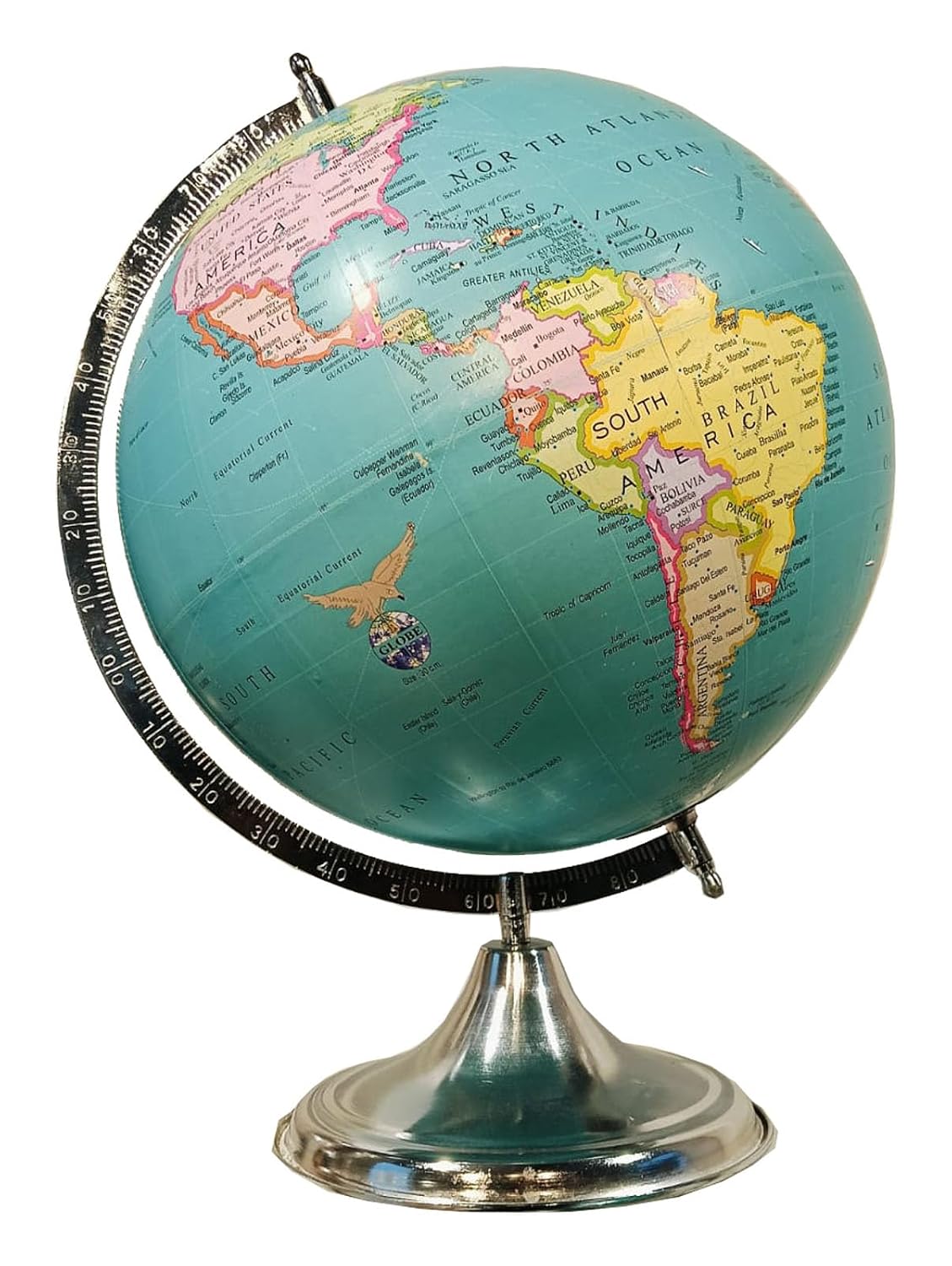 Rotating World Globe 12 Inch With Metal Arc & Stand For Show Piece For Home, Office Decor, Study Table & Birthday, Party Gifts For Students, Green, Pack Of 1