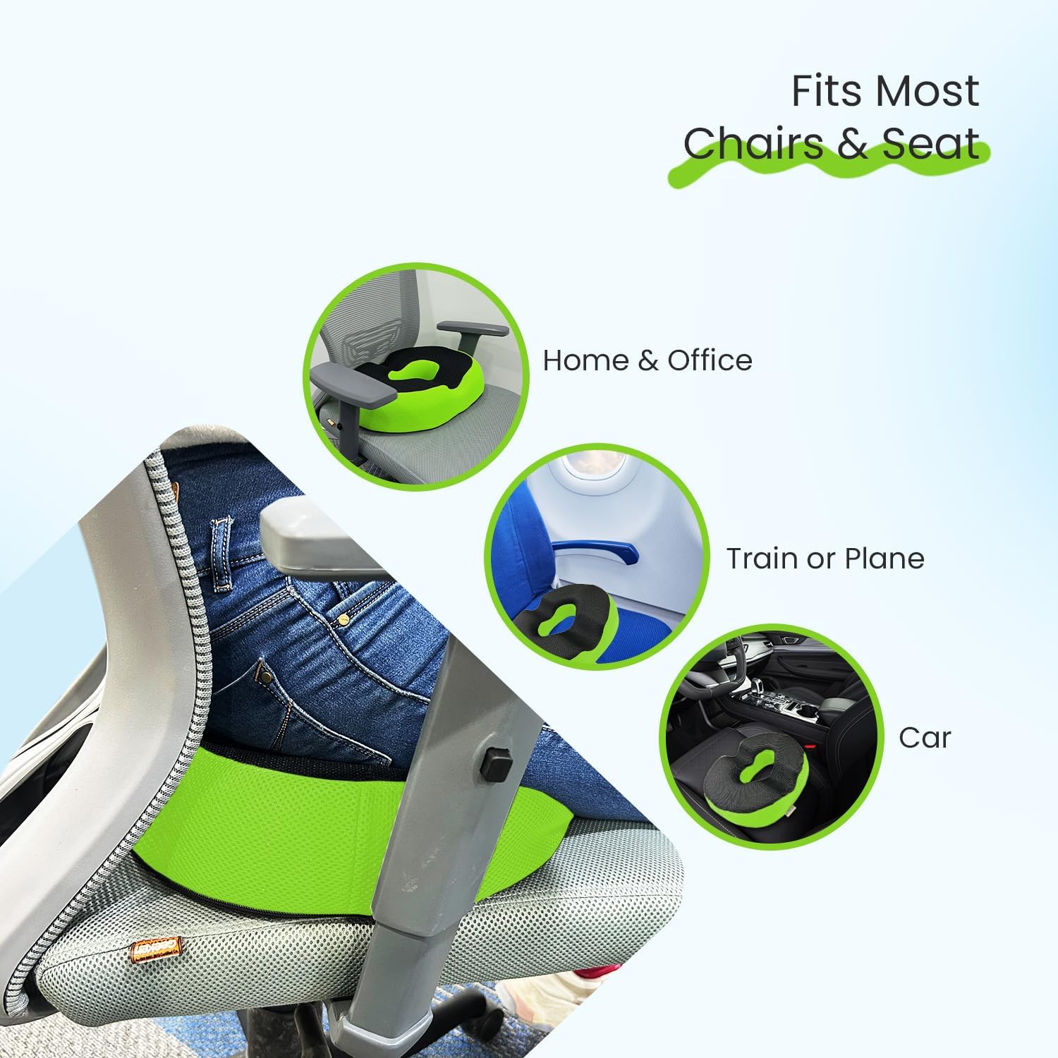 Donut Pillow For Tailbone Pain, Coccyx Seat Cushion, Gel Memory Foam Pillow | For Chair, Hemorrhoid & Piles Pillow, Car Seat, Hemorrhoids Fistula Prostate Post Relief, Black & Green