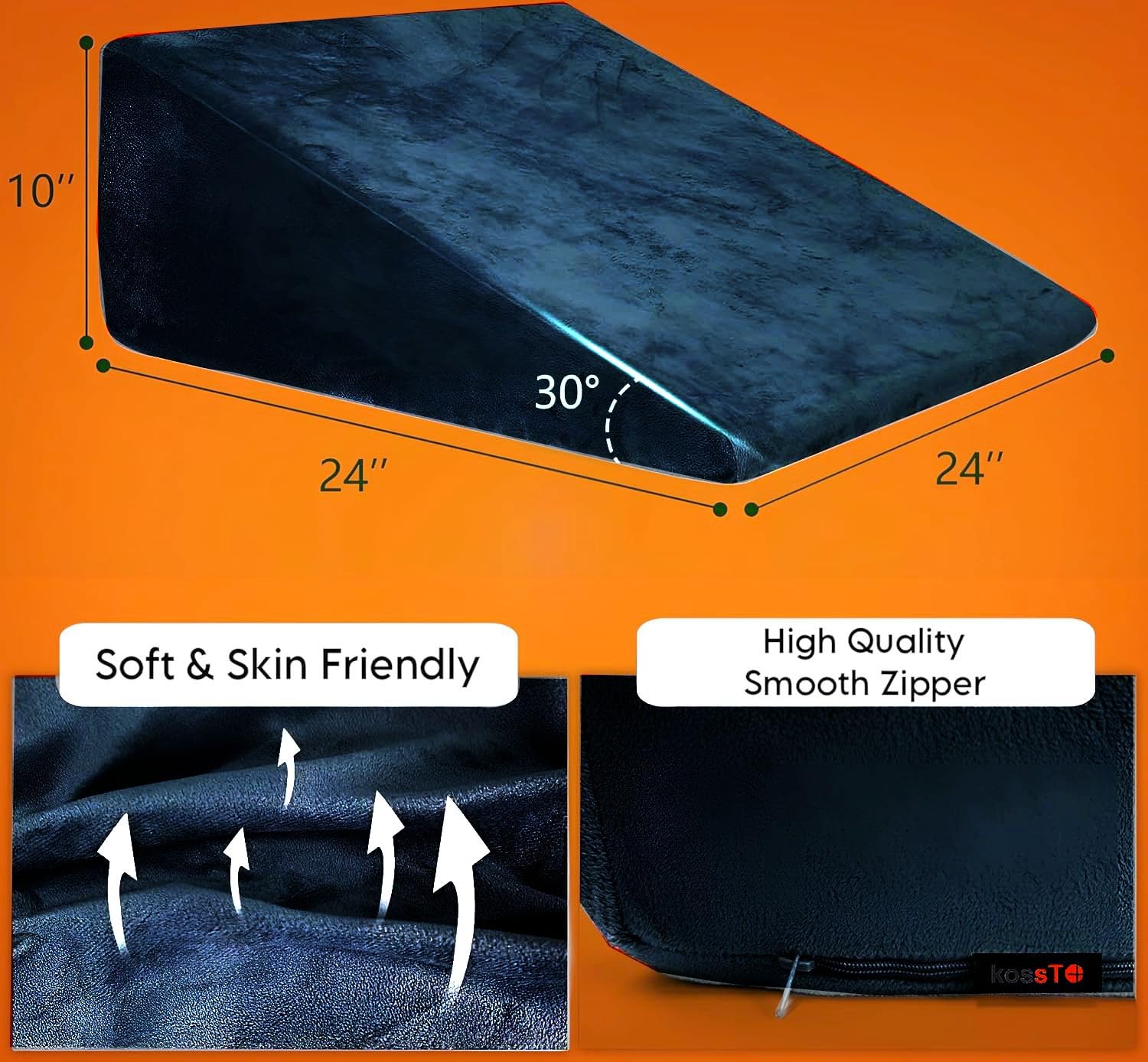 Wedge Pillow Memory Foam For Pain Relief, Black - 18 L X 17.5 W X 11 H Inch | Wedge Cushion, For Back Support, Acid Reflux, Snoring, Gerd, Leg Elevation, Pregnancy | Removable Velvet Cover