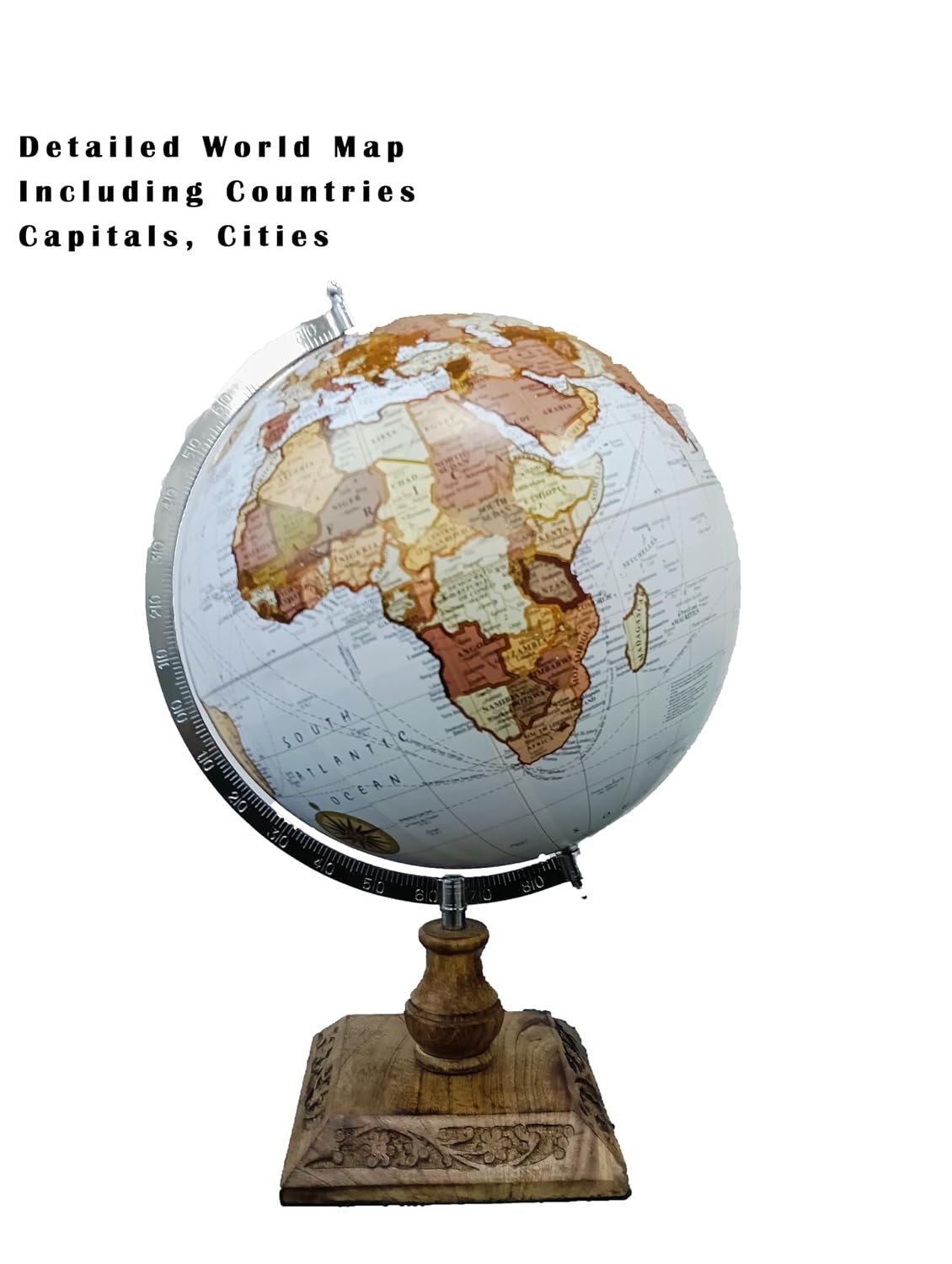 Rotating World Globe 12 Inch With Gold Arc & Wooden Stand For Show Piece For Home, Office, Study Table Decor, Birthday, Party Gifts For Students, White, Pack Of 1