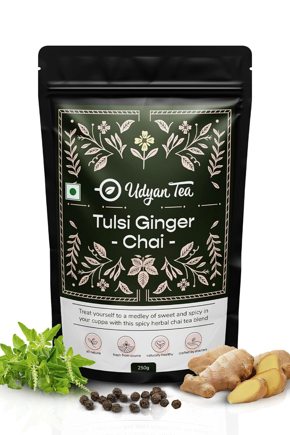 Udyan Tea Tulsi Ginger Chai - 250gm, 8.8 Ounce | Immunity Boosting CTC Black Tea With Tulsi, Ginger & Black Pepper - Ayurvedic Healing Blend For Cold & Cough Relief | High Caffeine