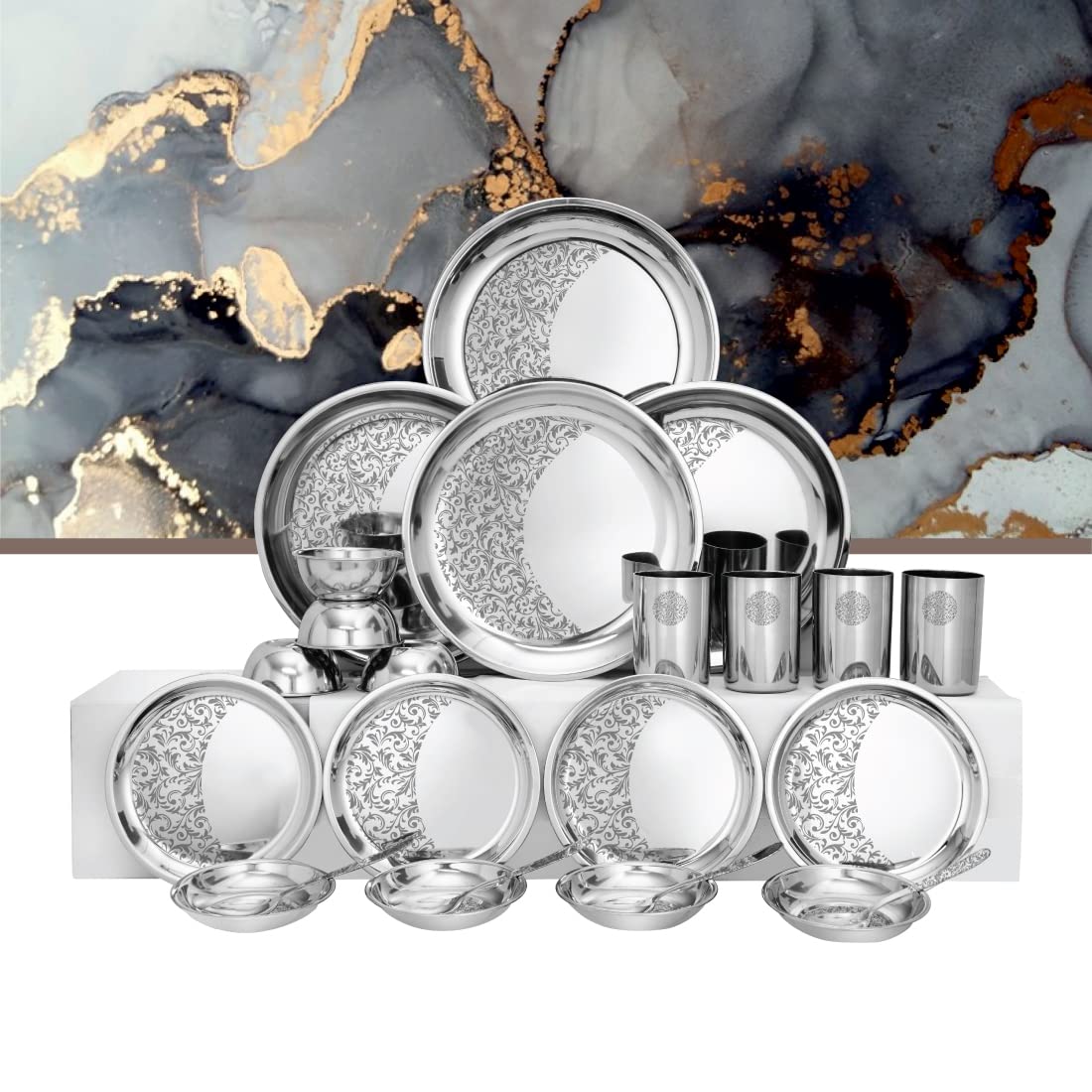 Designer Stainless Steel Delight Laser Bloom Leaf Dinner Set Of 24 Pieces, Silver | 4 Dinner Plates+ 4 Side Plates+ 4 Glasses+ 4 Bowls+ 4 Pudding Bowls+ 4 Dessert Spoons