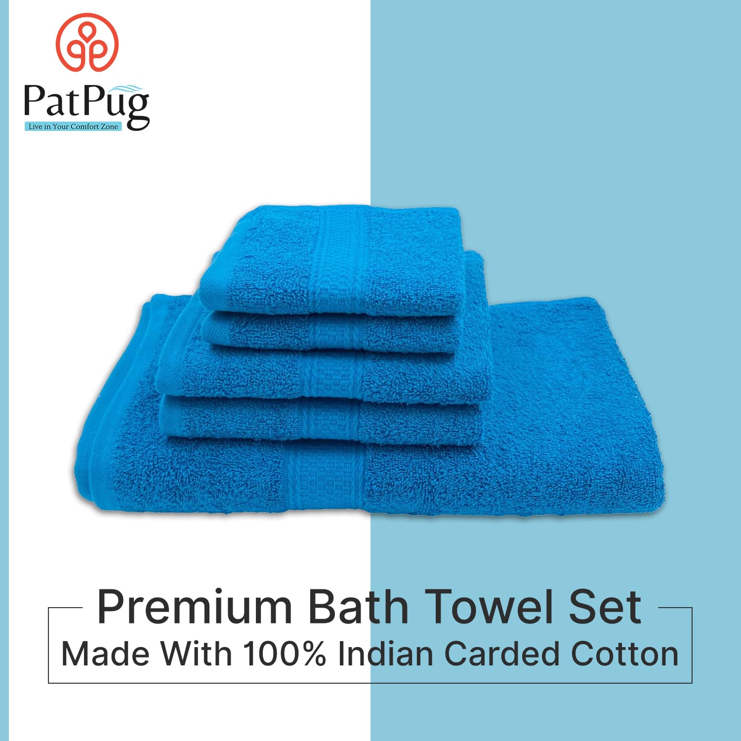Patpug 100% Indian Cotton Plush Towel Set 1200 Gsm | Highly Absorbent, Fade Resistant, Quick Drying (Turquoise Blue) - 5 Piece
