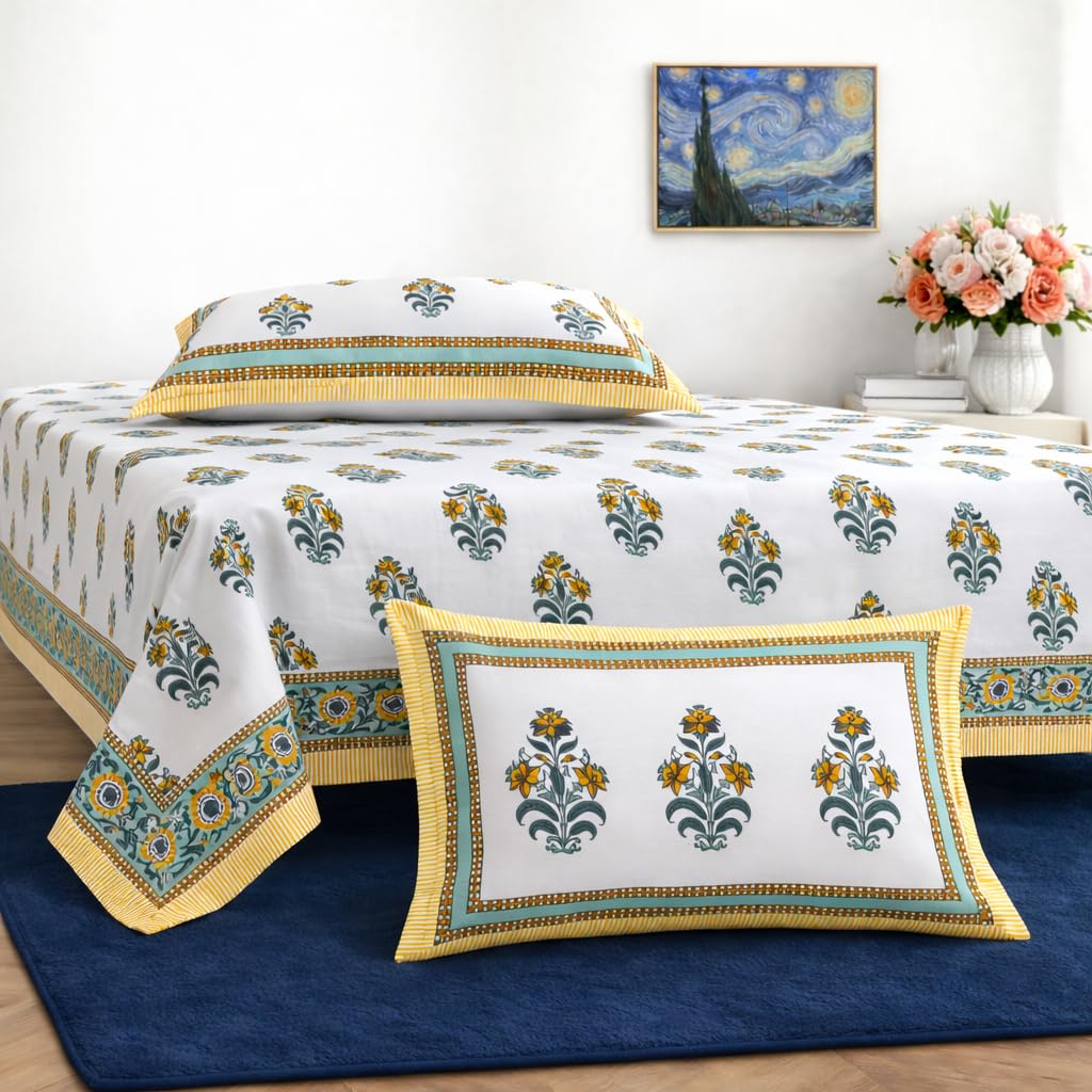 Hand Printed Cotton Bedsheet For King Size With 2 Pillow Covers | 93 X 108 Inches, White & Yellow | Ultra-Soft & Skin-Safe | Breathable Summer Comfort