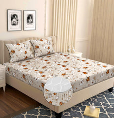 Elastic Fitted Double Bedsheets For Queen Size With 2 Pillow Covers - Size 72 X 68 X 6 Inches, Cream & White | Double Bed With Corner Elastic | Wrinkle Free Super Soft Floral Breathable