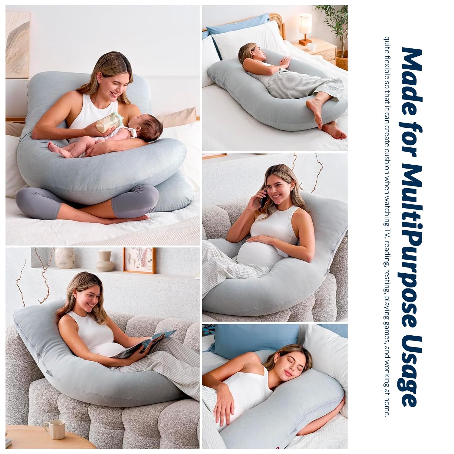J Shape Pillow, Maternity Pillow For Pregnant Women, Full Body Support, Grey Color | Pregnancy Pillows For Pregnancy Sleeping, Velvet Cover, Adjustable, Removable Cover, Breathable